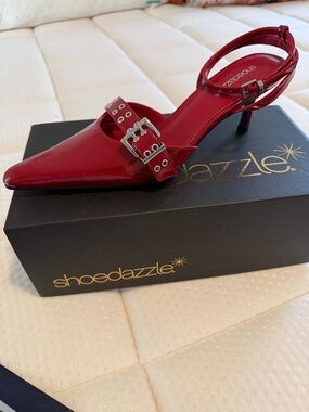 Shoe Dazzle Red Patent Pointed-Toe Slingback Heel with Buckle
